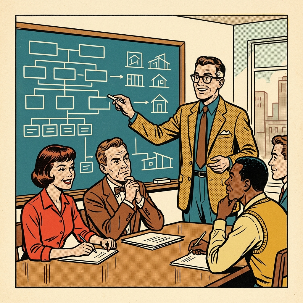 A retro architect at a chalkboard explaining boxes-and-lines diagrams to colleagues