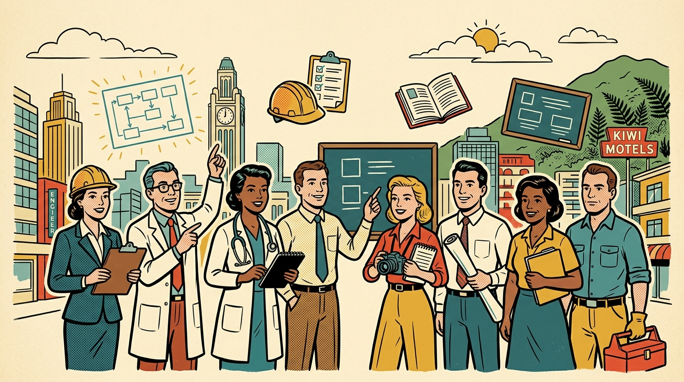 The Urgnt team — a 1950s comic ensemble of professionals with their tools of the trade