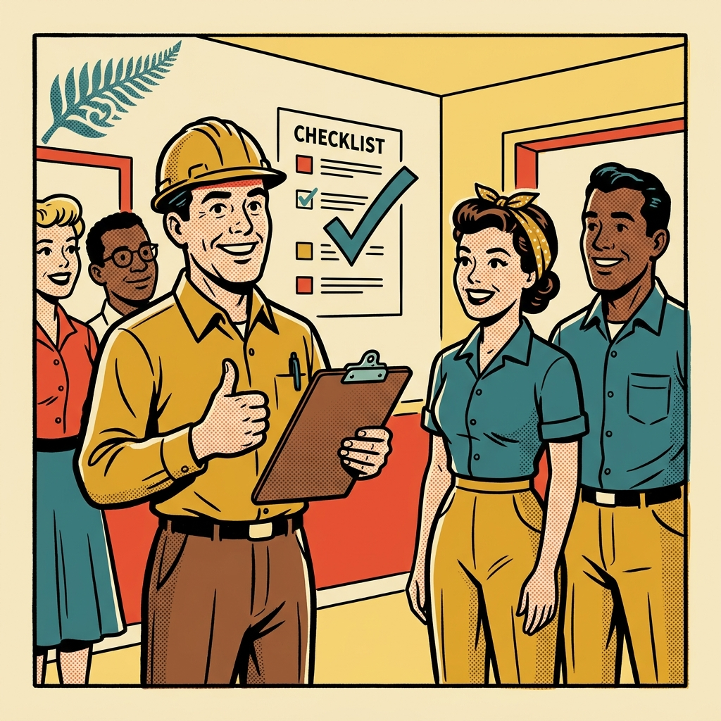 A retro safety inspector with a checklist giving a thumbs-up to workers